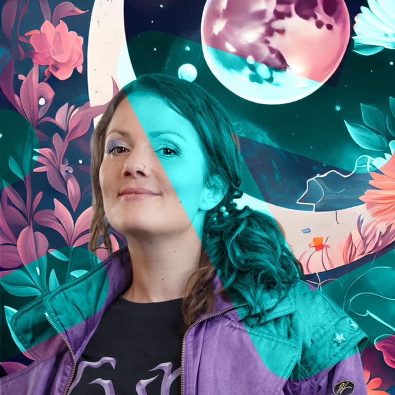 Das Bild zeigt die Personal Storytelling Kursleiterin Rosanna Grüter in einer KI-generierten Weltall-Landschaft mit überlagerndem FocusMedia Logo.